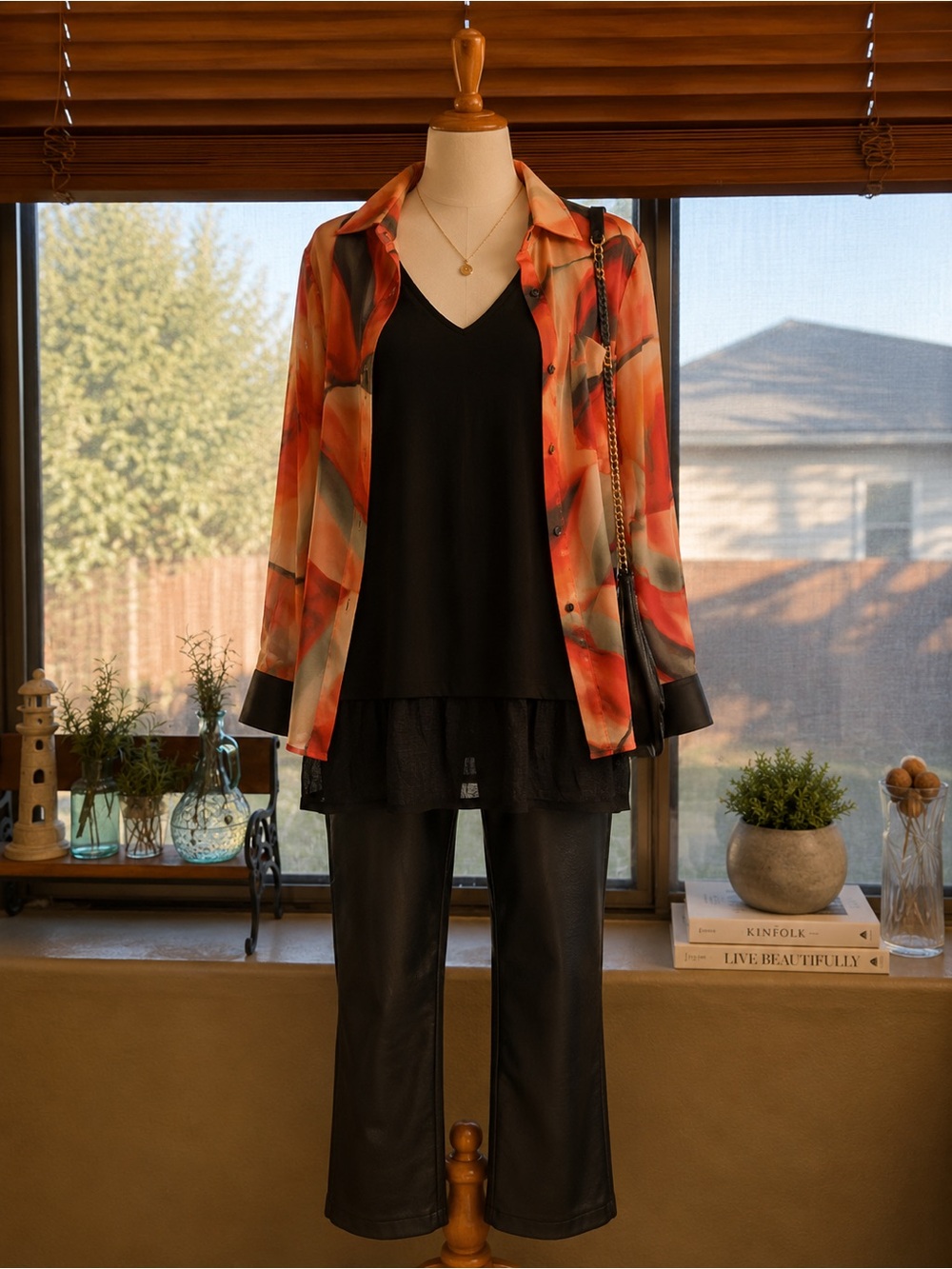 Black V-Neck Layered Top with Multicolor Orange Print Shirt